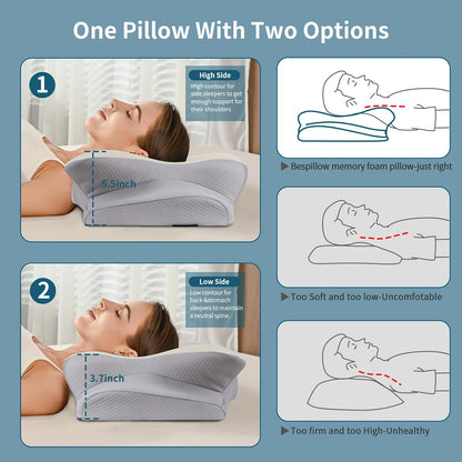Cervical Neck Pillow for Pain Relief - Ergonomic Side Sleeper Pillow for Neck Support, Contour Orthopedic Cervical Pillow for Sleeping, Cooling Memory Foam Pillows for Back Stomach Sleepers (Blue)