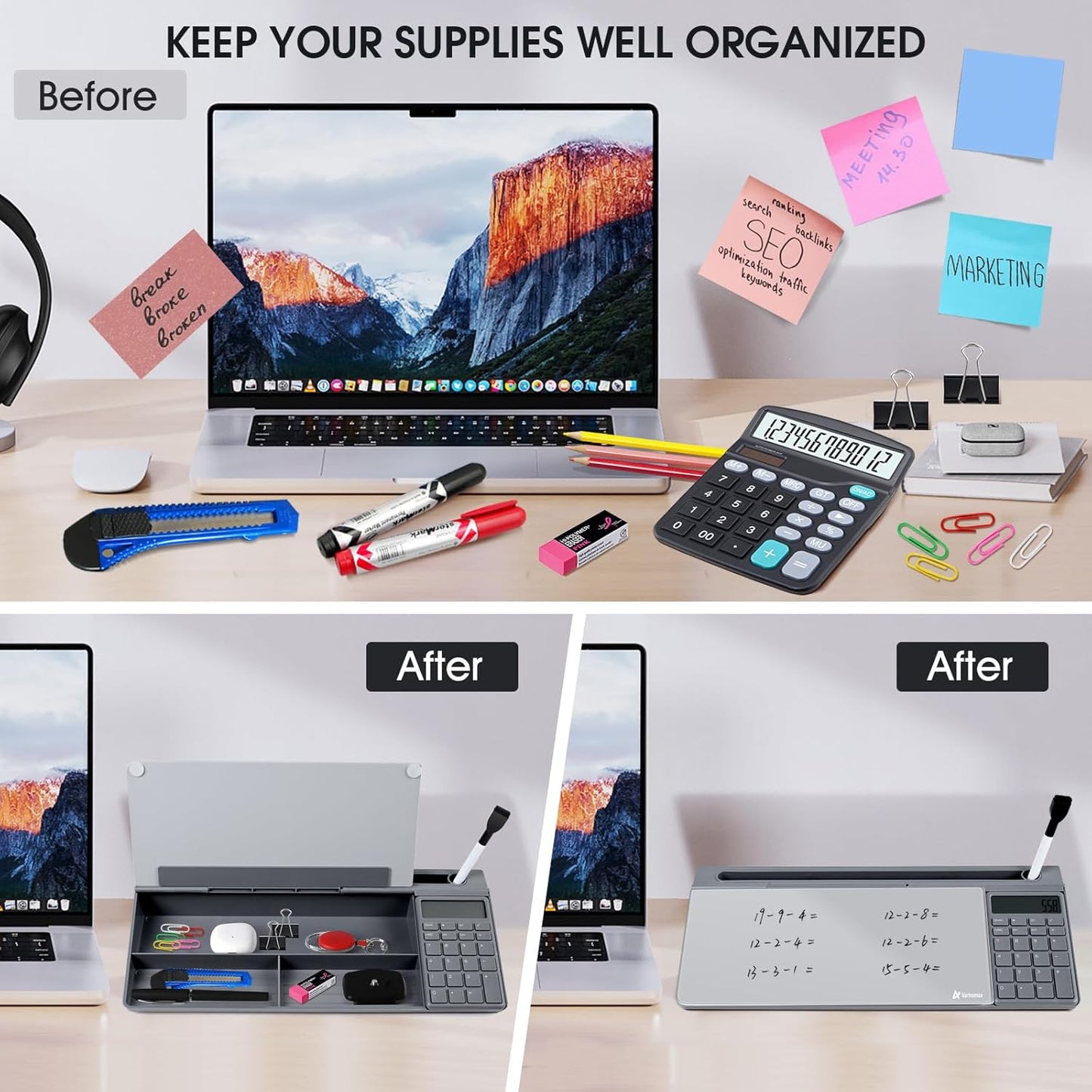 Varhomax Glass Weekly Dry Erase Desk White Board, Desktop to Do List Planner Whiteboard Calendar with Storage Caddy Memo for Home and Office, White