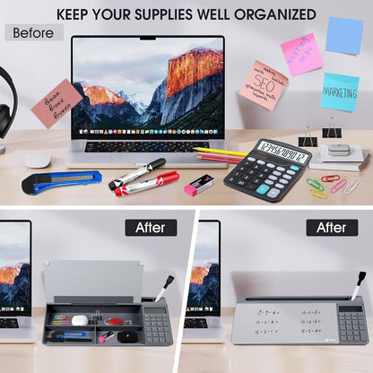 Varhomax Glass Weekly Dry Erase Desk White Board, Desktop to Do List Planner Whiteboard Calendar with Storage Caddy Memo for Home and Office, White