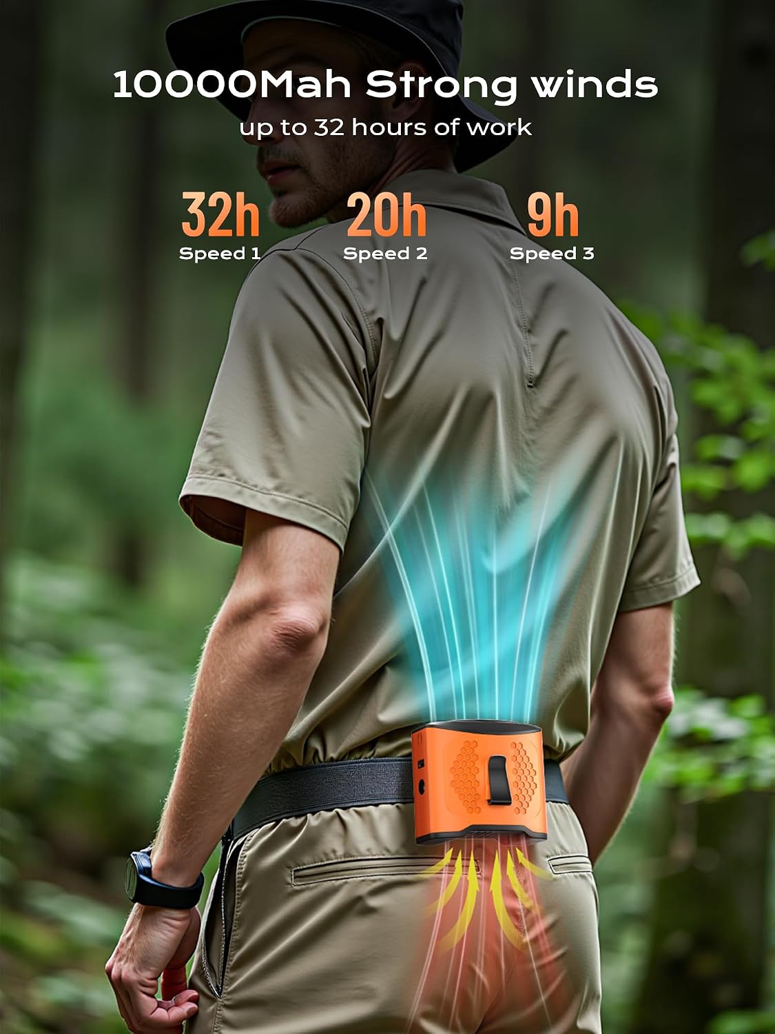 Portable Waist Fan Clip On, 4 Speeds 13000RPM Strong Airflow with 10000mAh Battery & Mobile Charging, Wearable Shirt Fan for Neck with SOS Light, LCD Display, for World Cup, Outdoor, Hiking, Working