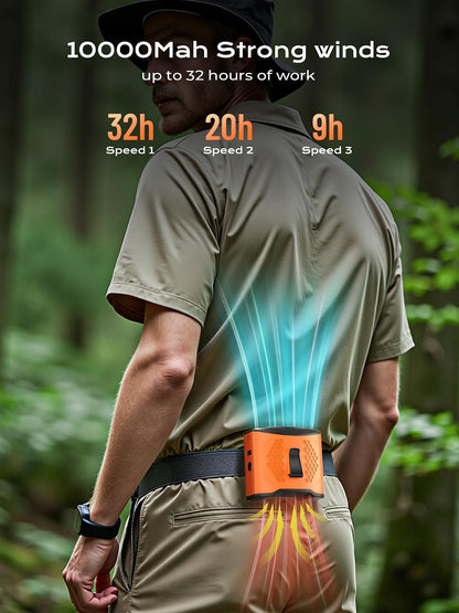 Portable Waist Fan Clip On, 4 Speeds 13000RPM Strong Airflow with 10000mAh Battery & Mobile Charging, Wearable Shirt Fan for Neck with SOS Light, LCD Display, for World Cup, Outdoor, Hiking, Working