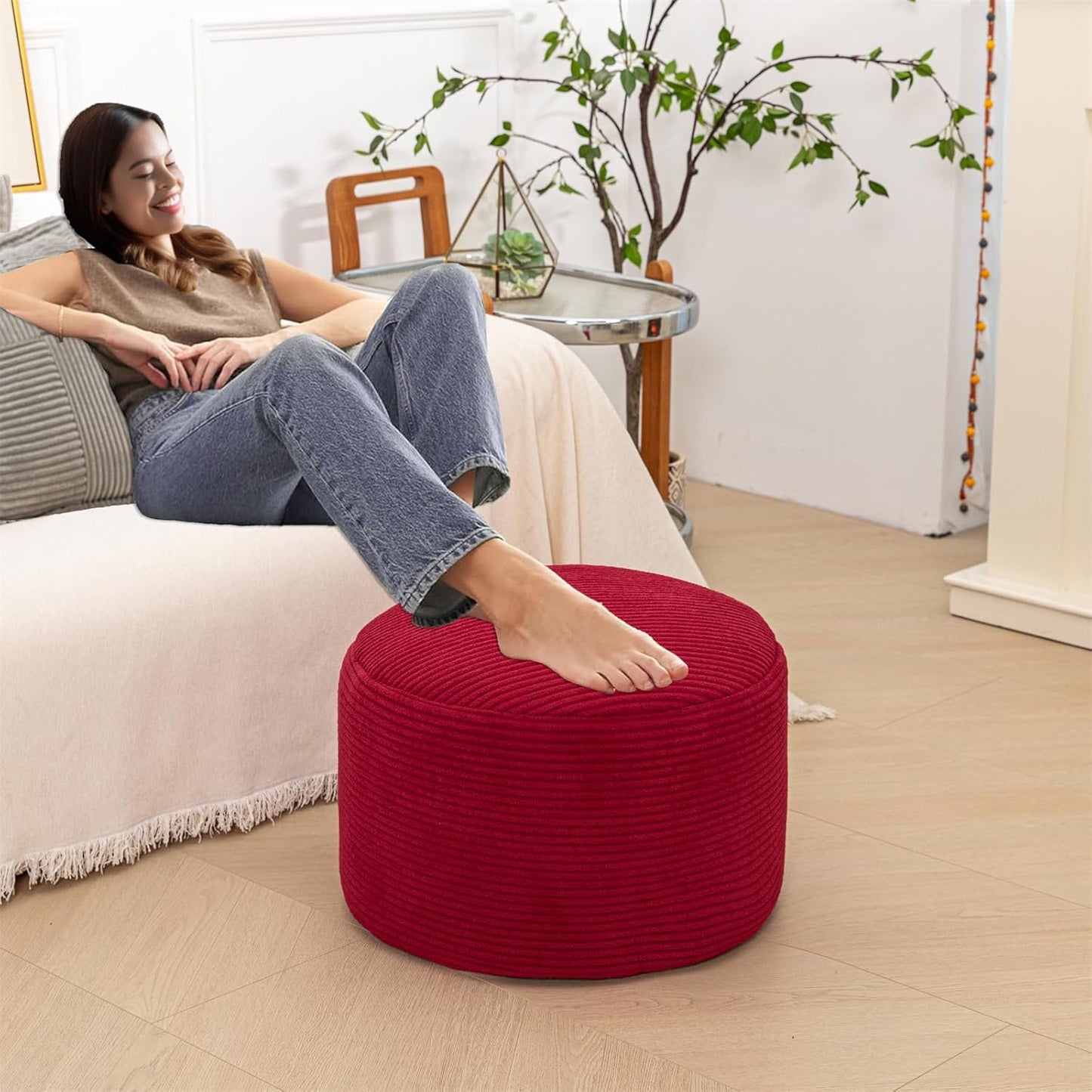Round Pouf Ottoman 20 x 20 x 14 Inches Boho Poof Home Decor Floor Pouffe Ottoman Foot Rest for Couch Sofa Bean Bag Chairs Living Room Bedroom (Green)