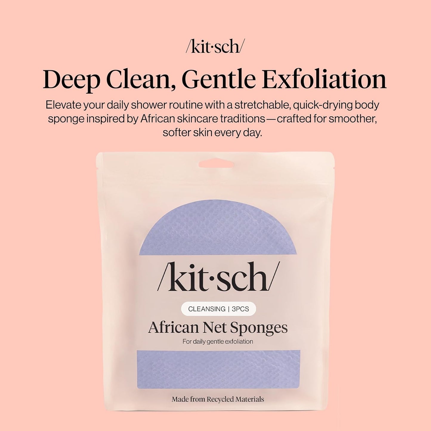 Kitsch African Net Sponge – Exfoliating Body Scrubber for Cleansing & Gentle Daily Exfoliation – Stretchable Bath Sponge for Hard-to-Reach Areas, Long-Lasting Shower Essential - Aqua Grey, 3 Pcs