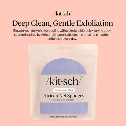 Kitsch African Net Sponge – Exfoliating Body Scrubber for Cleansing & Gentle Daily Exfoliation – Stretchable Bath Sponge for Hard-to-Reach Areas, Long-Lasting Shower Essential - Aqua Grey, 3 Pcs