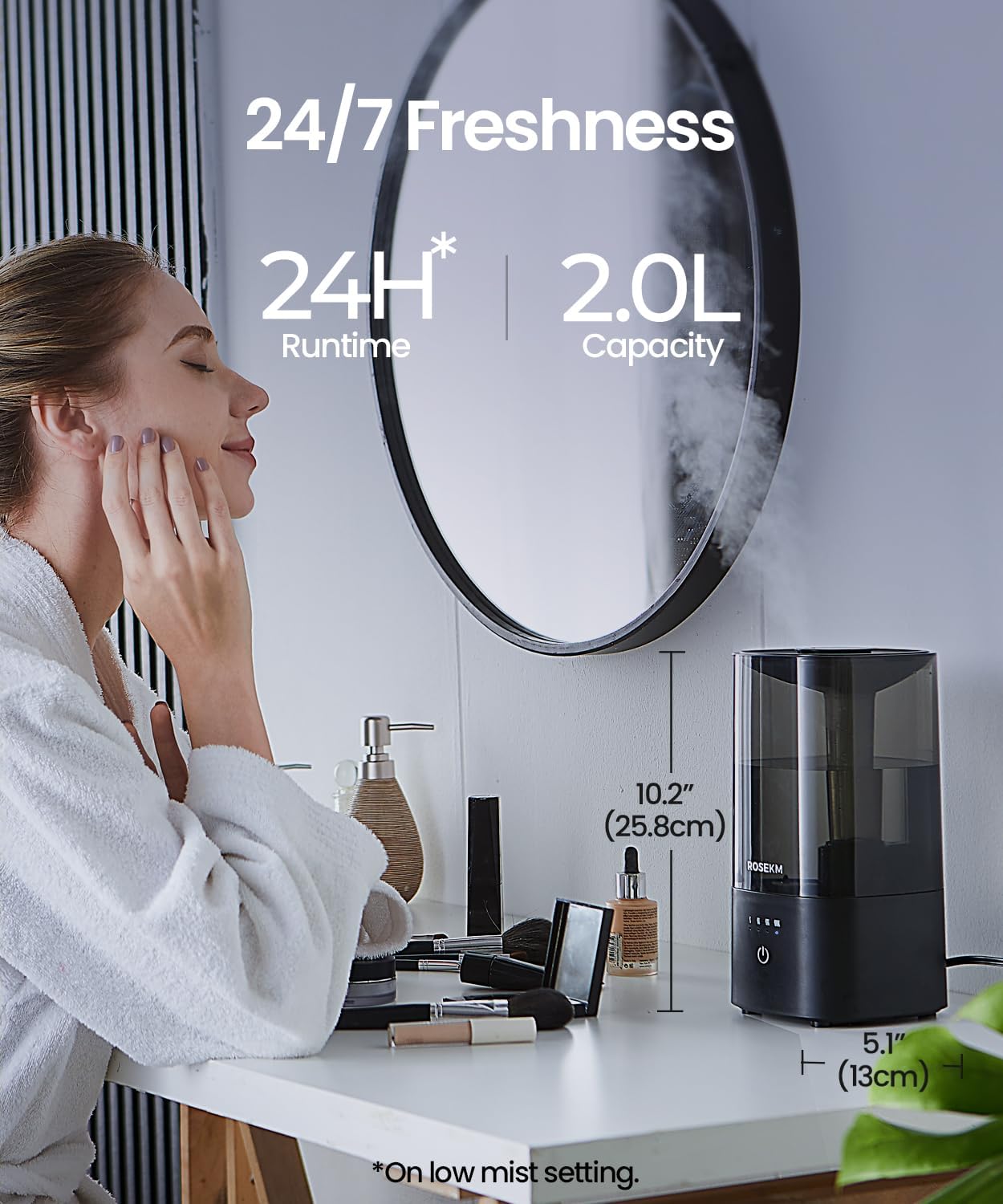 ROSEKM Humidifiers for Bedroom (1.1L), Small Cool Mist Humidifier for Home Plant and Baby Nursery, Quiet Ultrasonic Humidifier with 360° Nozzle, Auto Shut-Off, Filterless, Black
