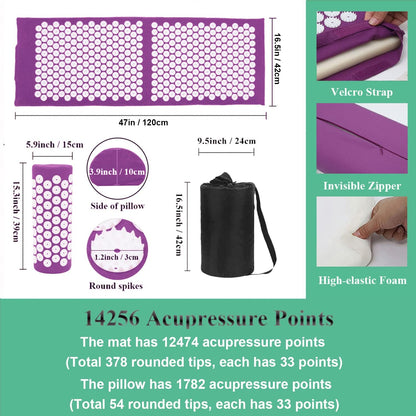 XiaoMaGe Acupressure Mat and Pillow Set with Bag - Extra Long Acupuncture Mat for Neck & Back Pain Relief- Naturally Relaxation Gift for Women - Stress Relief Massage Mat (Black)