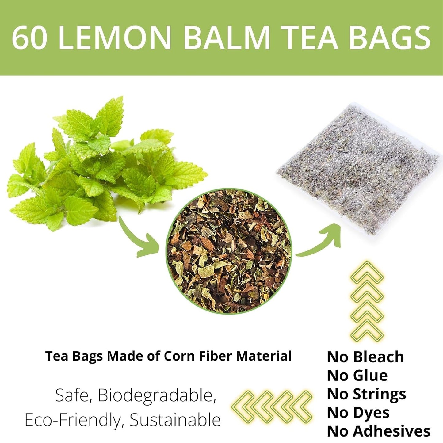 60 Lemon Balm Tea Bags - VitalForest Dried Lemon Balm Leaves Tea -1.5g/Bags, Calming Herb, Stress Relief & Sleep Support, Non-GMO, Caffeine-Free