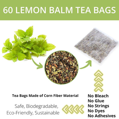60 Lemon Balm Tea Bags - VitalForest Dried Lemon Balm Leaves Tea -1.5g/Bags, Calming Herb, Stress Relief & Sleep Support, Non-GMO, Caffeine-Free