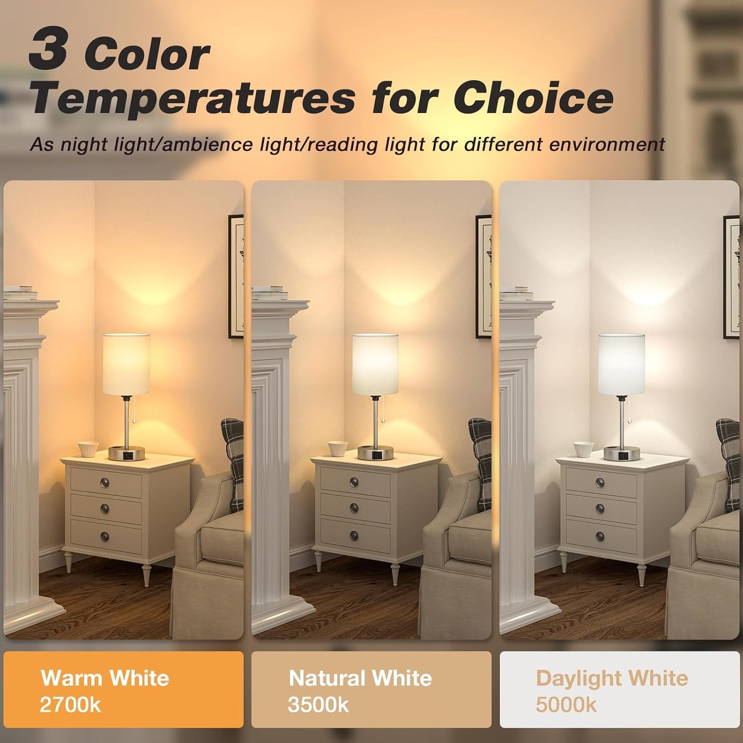 Small Bedside Table lamp for Bedroom - 3 Color Temperatures Bedside Lamps with USB C and A Ports, Pull Chain Table Lamps with AC Outlet, White Nightstand Lamps with Black Metal Base for Kids Reading