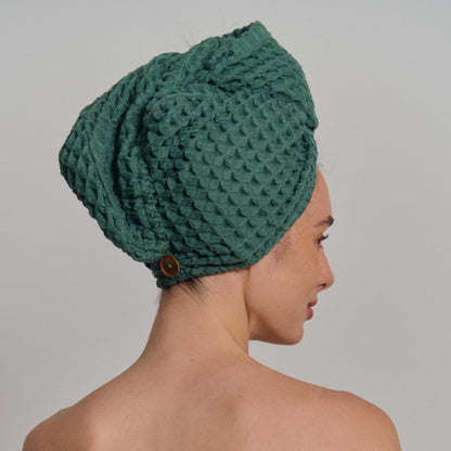 Luxury Organic Japanese Cotton Hair Drying Waffle Towel Wrap for Women | Absorbent, Quick-Dry Head Turban for Shower, Sauna, Spa | Extra Large for Long, Curly, Straight Hair With Button (White, 1 Pc)
