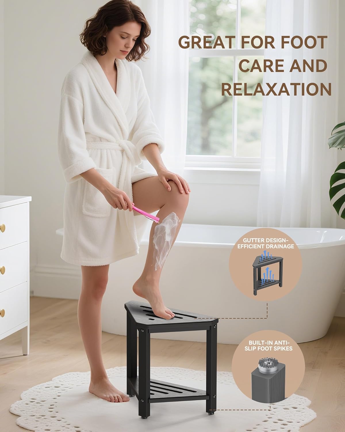 Shower Foot Rest 15in, HDPE Waterproof Shower Stool for Inside Shower, Corner Shower Stool for Shaving Legs with Storage Shelf for Small Space, Shower Step Stool, Plastic Corner Shower Bench, White
