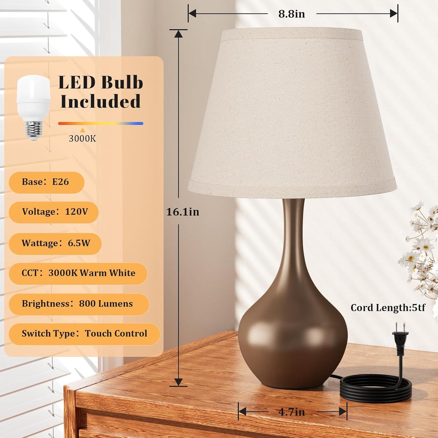 Seealle 16.1" Touch Table Lamps for Nightstand, 3-Way Dimmable Small Bedroom Lamps for Night Stands, Black Bedside Lamps for Living Room, Kids Room, End Table