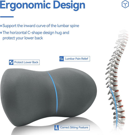 Lumbar Support Pillow for Car with Dual-Grip Stability System - Advanced Adaptive Memory Foam Back Pillow for Lower Back Pain Relief, Ergonomic Driving Seat & Office Chair Cushion, Black