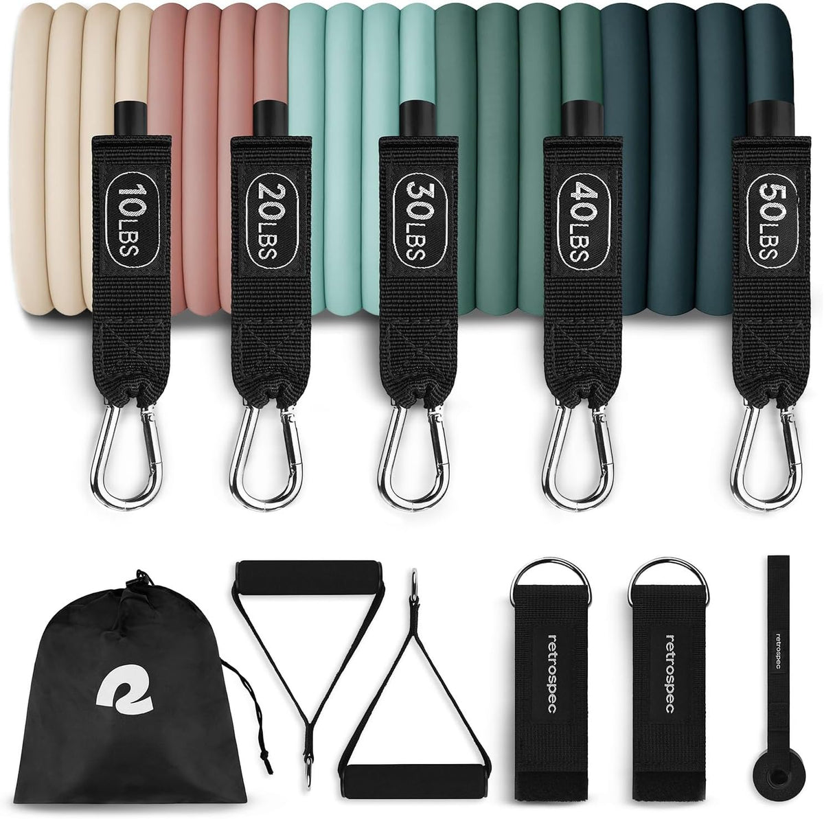 Retrospec Train Resistance Bands Set for Working Out - 5 Stackable Bands, Handles & Door Anchor - Portable Fitness Equipment for Physical Therapy & Yoga Includes Carry Bag