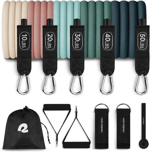 Retrospec Train Resistance Bands Set for Working Out - 5 Stackable Bands, Handles & Door Anchor - Portable Fitness Equipment for Physical Therapy & Yoga Includes Carry Bag