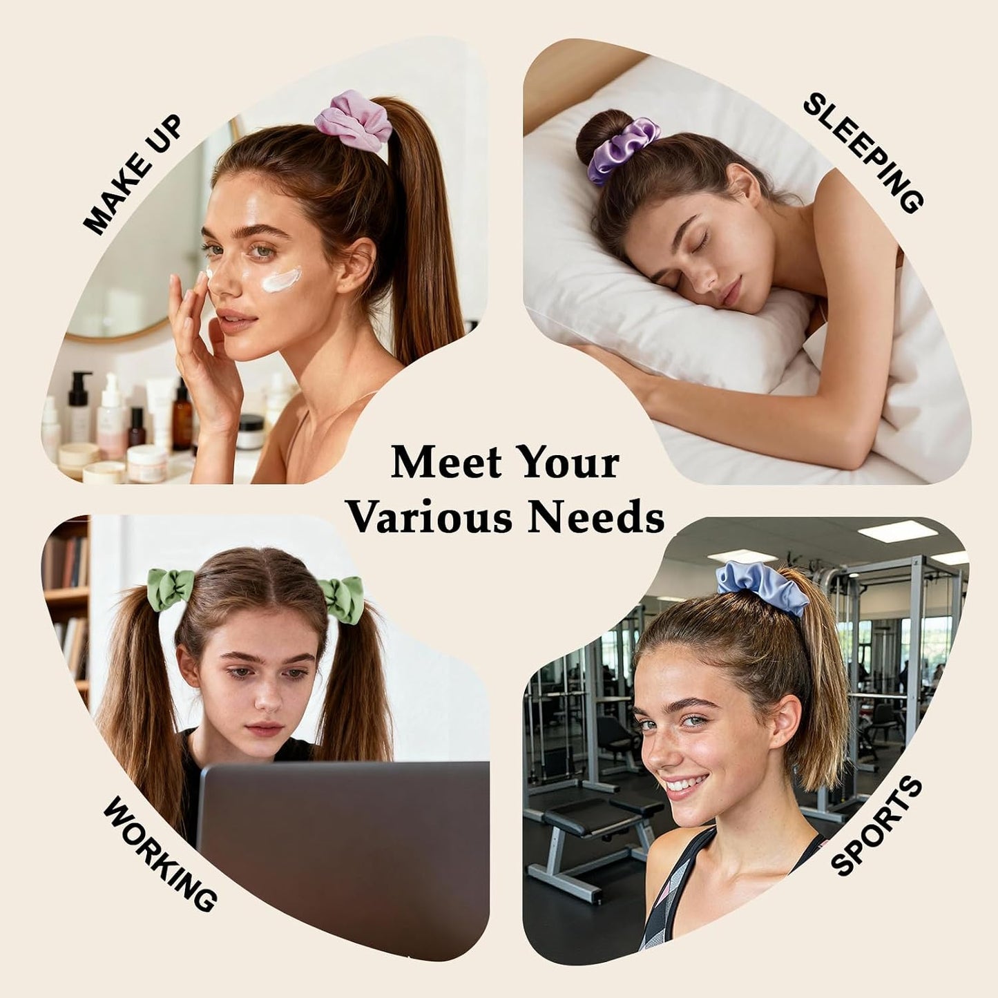 Satin Scrunchies for Women – 8PCS Blush & Brown Silk Hair Ties Set – No Crease, Frizz-Free, Gentle Elastic Hair Bands, Soft & Stylish Everyday Hair Accessories Gifts