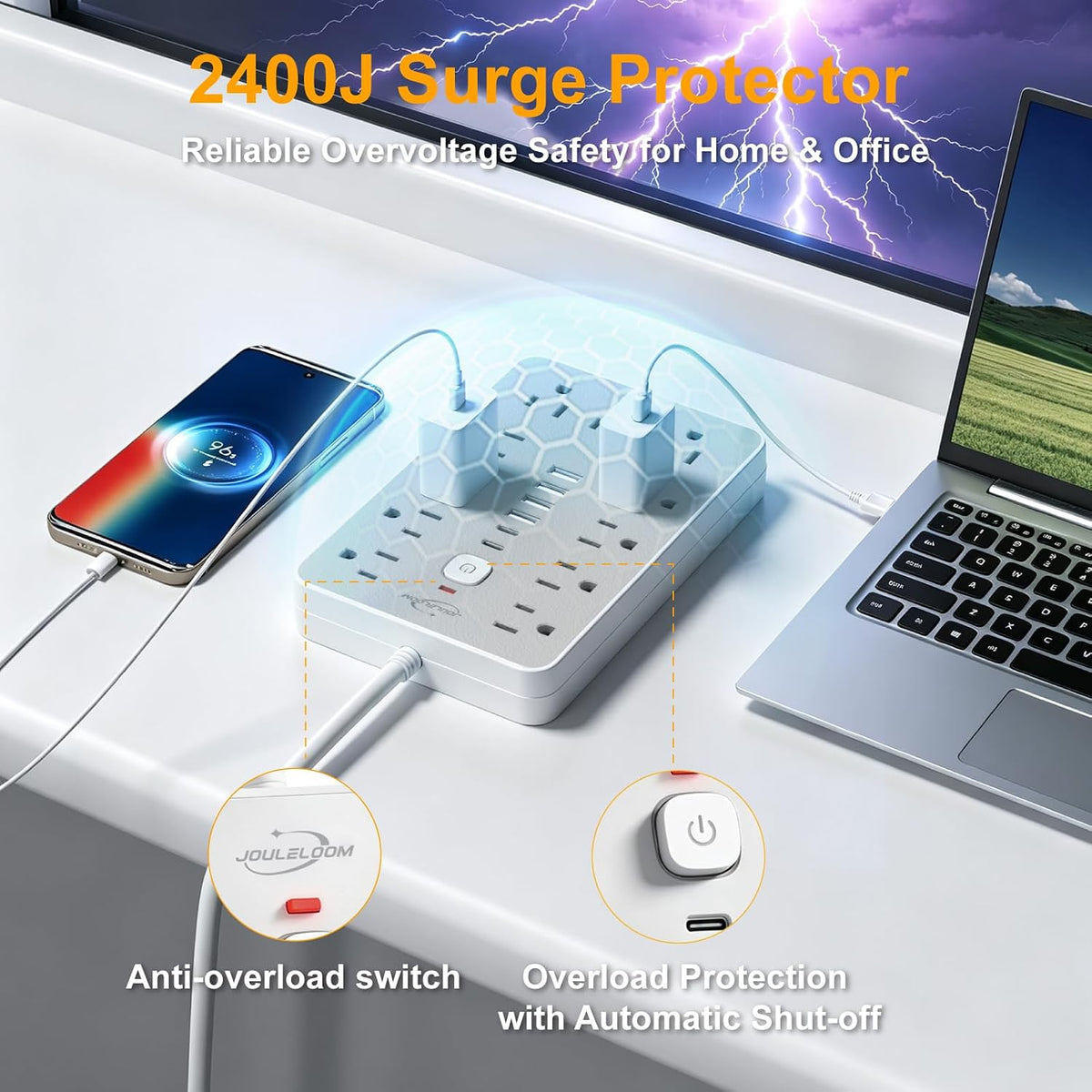 6 FT Flat Plug Surge Protector Power Strip,11 AC Outlets with 6 USB Ports