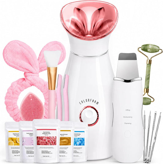 Colorfarm Facial Steamer Spa Kit with 17 Skin Care Tools for Home Spa
