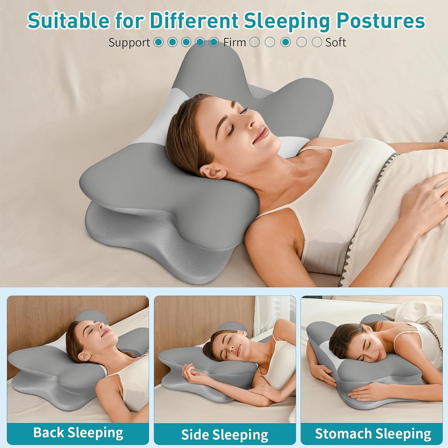 Cervical Pillow for Neck Pain Relief, Ergonomic Neck Pillow for Sleeping, Contour Pillow for Neck Support, Memory Foam Pillows for Reading & Bed Rest Pillows for Side Back Stomach Sleepers(White&Grey)