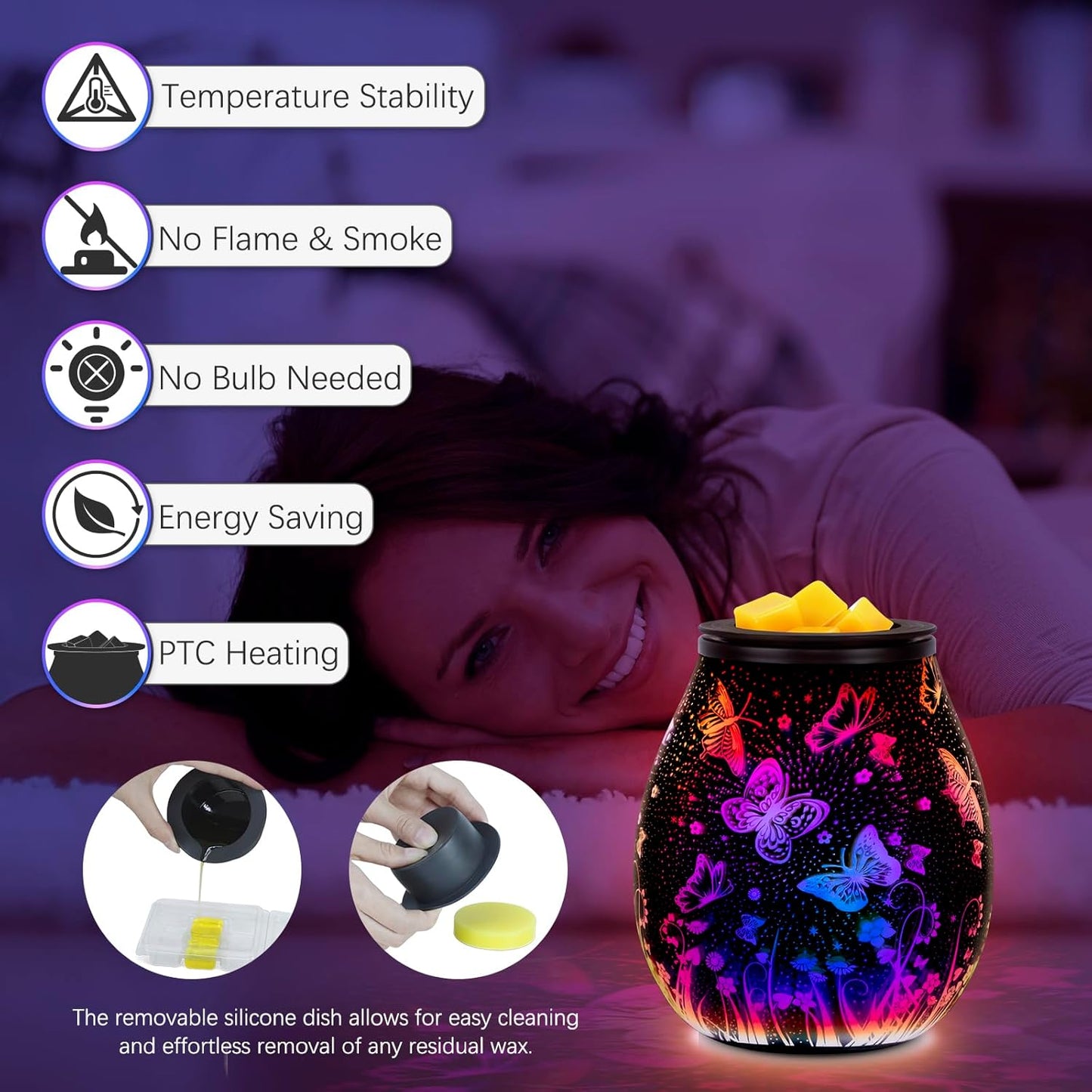 Wax Melt Warmer for Scented Wax- Glass Wax Melter for Home Fragrance with Removable Tray, Essential Oil Warmer Wax Cubes Burner Aroma Night Light for Home Office Bedroom Decor Gifts for Women