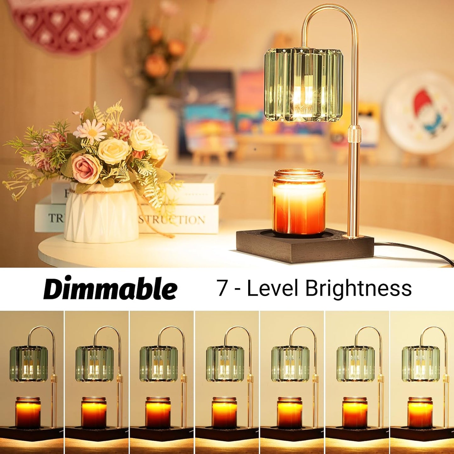Yuichoy Candle Warmer Lamp with Timer, Dimmable Electric Candle Wamer Adjustable Height, Gifts for Women Mom, Glass Modern Candles Melter Lamp, Black