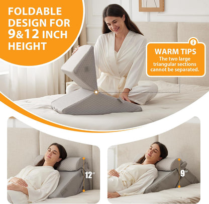 Ruqmuis Wedge Pillow Set for After Surgery, 3PCS Adjustable 9&12 Inch Bed Wedge Pillow for Sleeping, Incline Pillow Wedge for Headboard, Post Surgery, Acid Reflux, Neck&Back Support, White/Grey