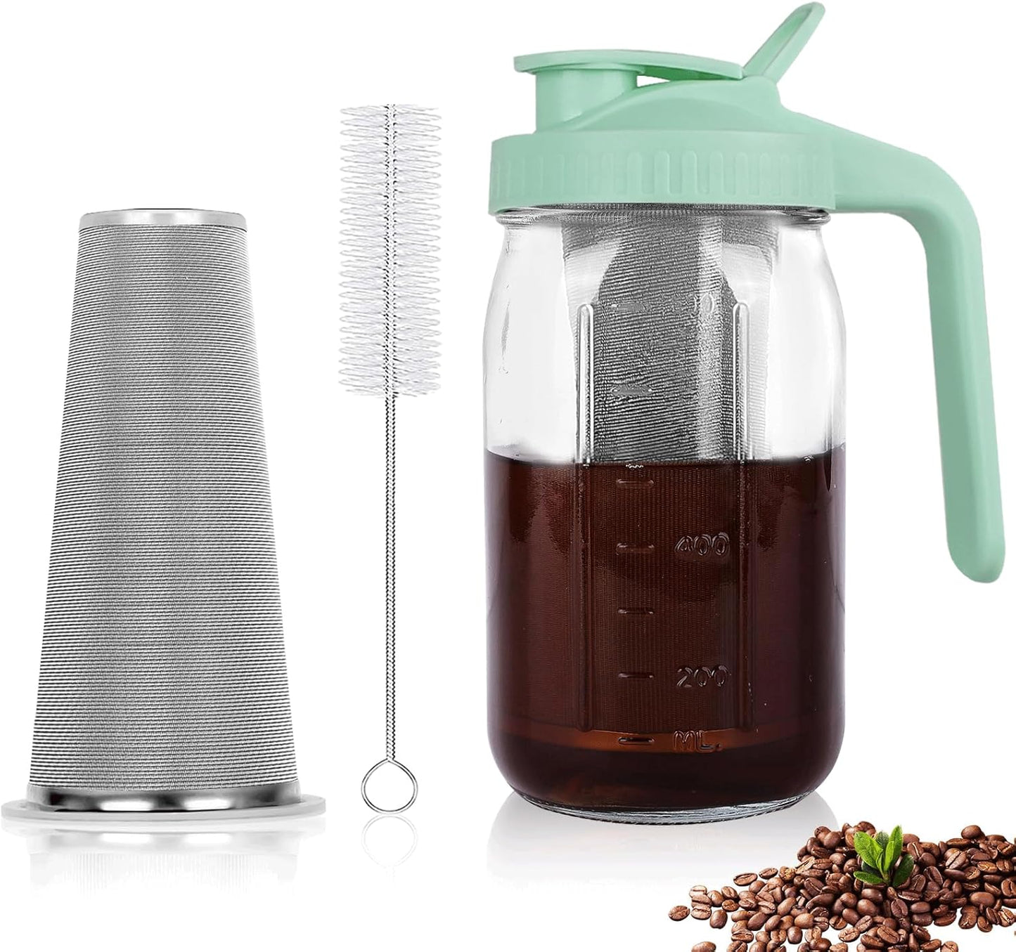 Cold Brew Coffee Maker,64 oz Mason Jar Pitcher with Stainless Steel Filter, Pour Spout Handle Lid, Heavy Duty Glass Airtight & Leak-Proof for Iced Coffee,Tea & Lemonade