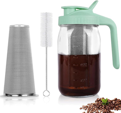 Cold Brew Coffee Maker,64 oz Mason Jar Pitcher with Stainless Steel Filter, Pour Spout Handle Lid, Heavy Duty Glass Airtight & Leak-Proof for Iced Coffee,Tea & Lemonade