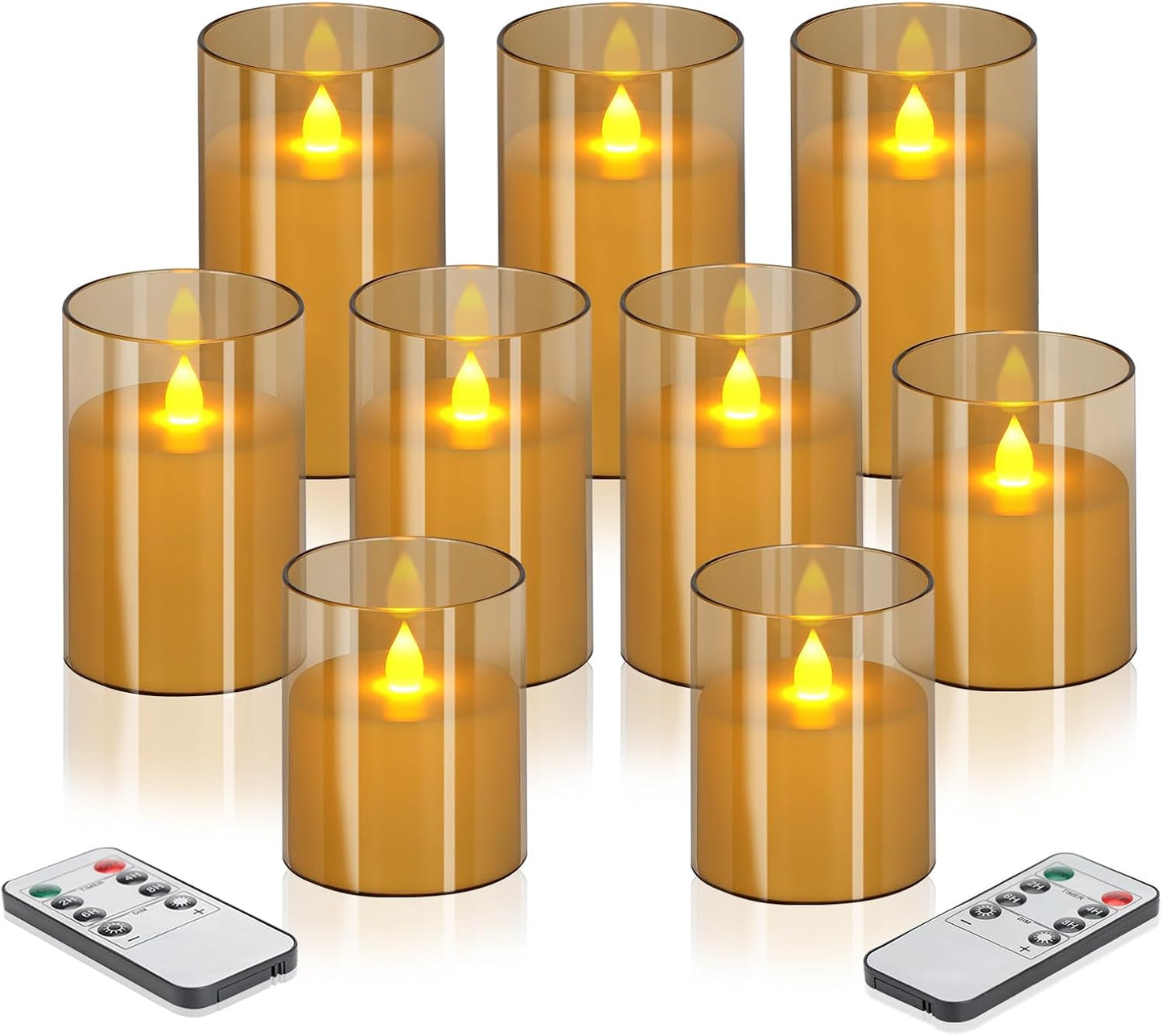 wemarry Flameless Candles 4" 5" 6" Acrylic Glass Pillars 3" Diameter Battery Operated Flickering Candles Include 8-Key Remote with Timer Function 400+ Hours (Gray, Warm Light 3 Pack)