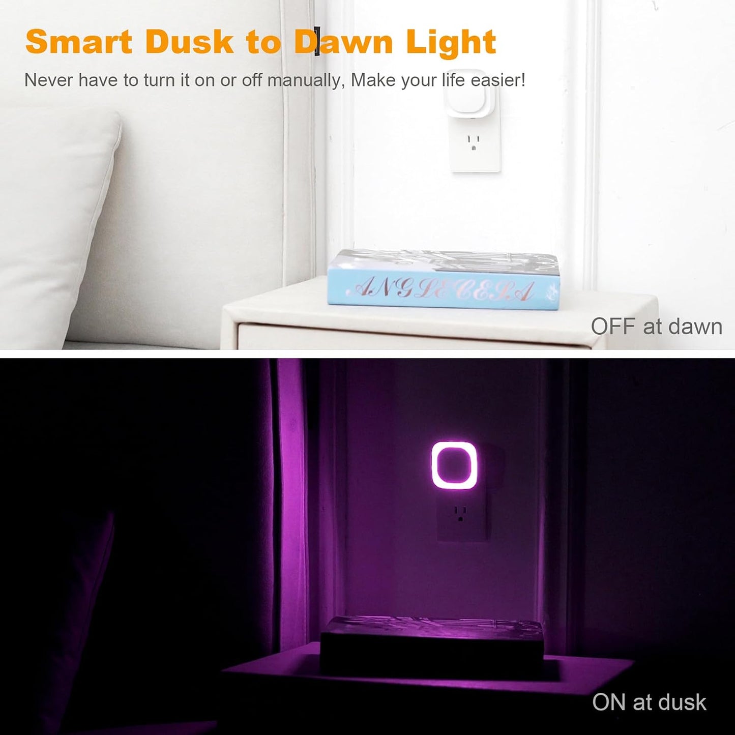 YUNLEX 2 Pack Amber Night Light, Dusk to Dawn Sensor, Warm Glare-Free Reflected Glow, 3-Level Dimmer, Auto On/Off, Plug-in LED Nightlight for Bedroom, Kids, Bathroom, Sleep, Baby Nursery, Toddler