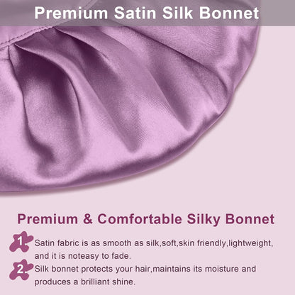 2Pcs Silk Hair Satin Bonnet for Sleeping Women,Large Satin Sleep Bonnets for Women with Elastic Tie Band Silk Hair Wrap with Ajustable Straps,Night Sleep Cap for Curly Braids,Black+Rose Gold
