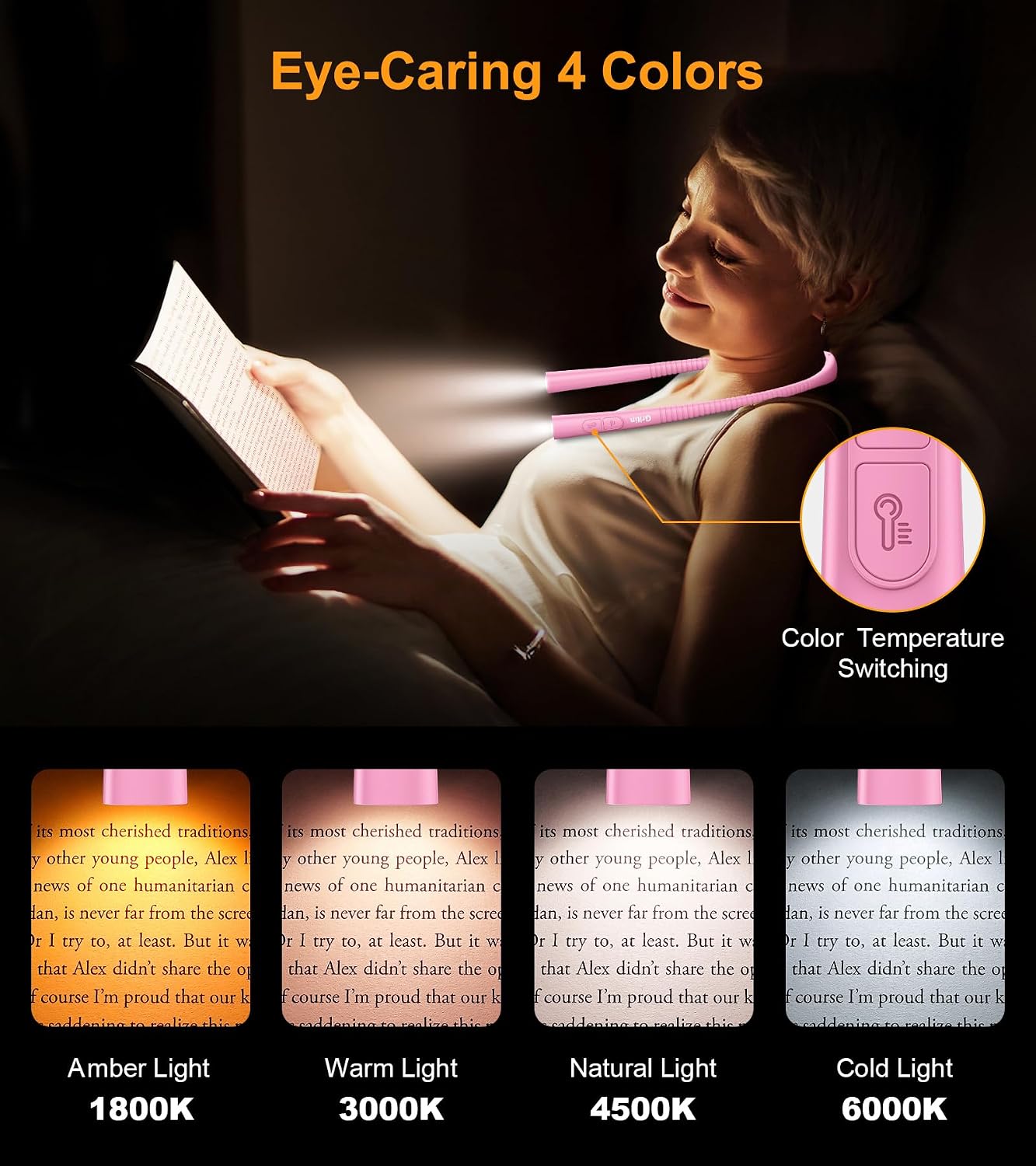 Gritin Book Light, Eye Caring 4-Color & 5-Brightness Neck Light Reading Light- Stepless Dimming,30-min Timer,80+ Hrs Runtime,Bendable Round Neck Design, Lightweight for Reading, Knitting, Repairing
