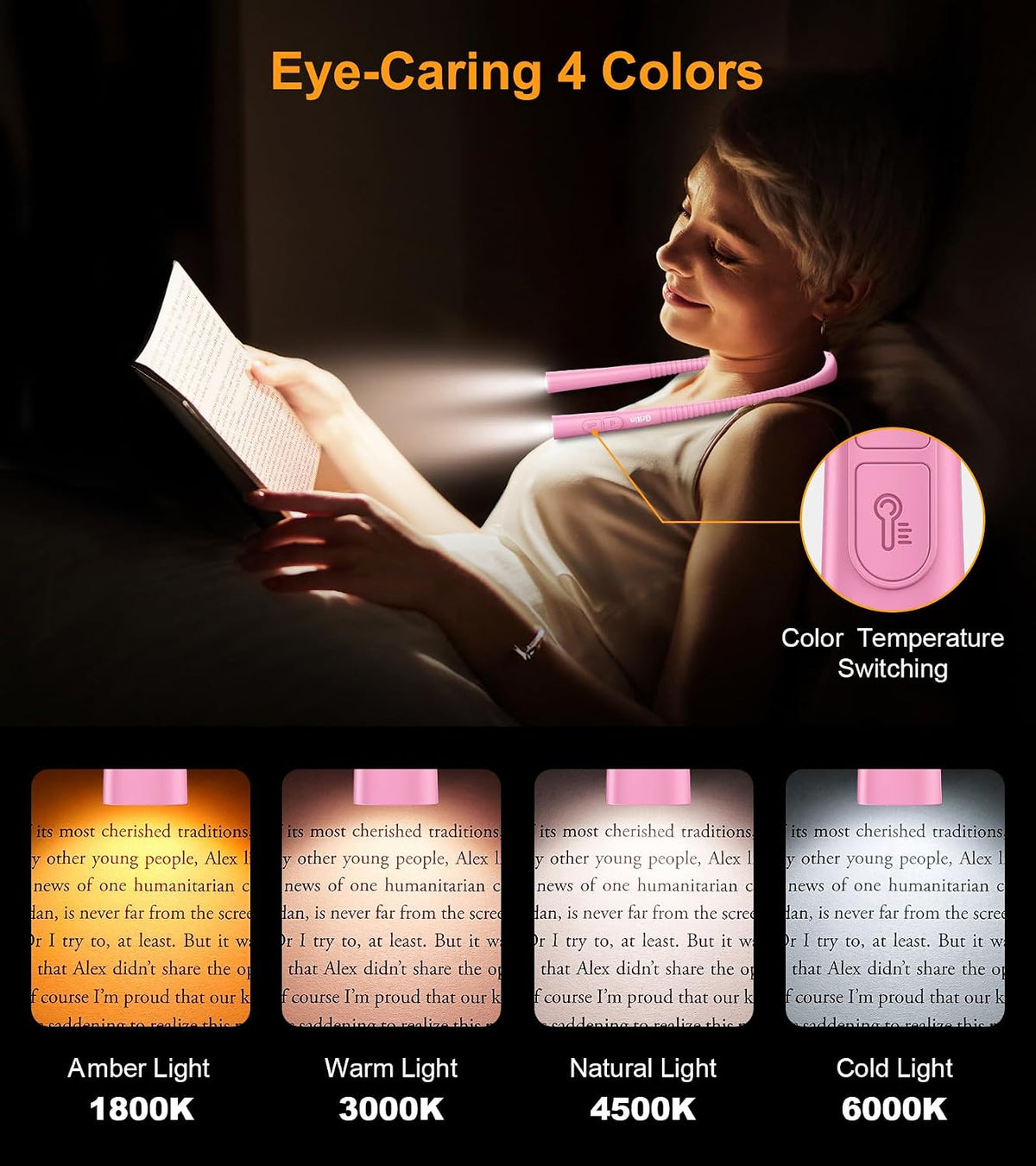 Gritin Book Light,Eye Caring 3 Colors & Stepless Dimming Neck Reading Light
