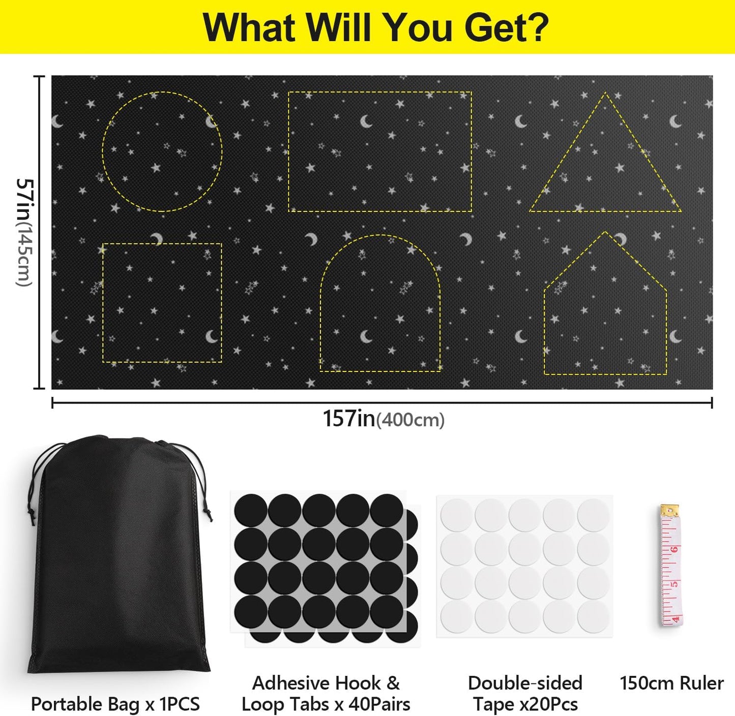 FADOTY Blackout Curtains for Bedroom, Portable 100% Black Out Window Cover Film, Cuttable Blackout Shades Fabric Sheet, No Drill Window Blinds, Sun Heat Light Blocker for Travel Media Dorm, 57'' W