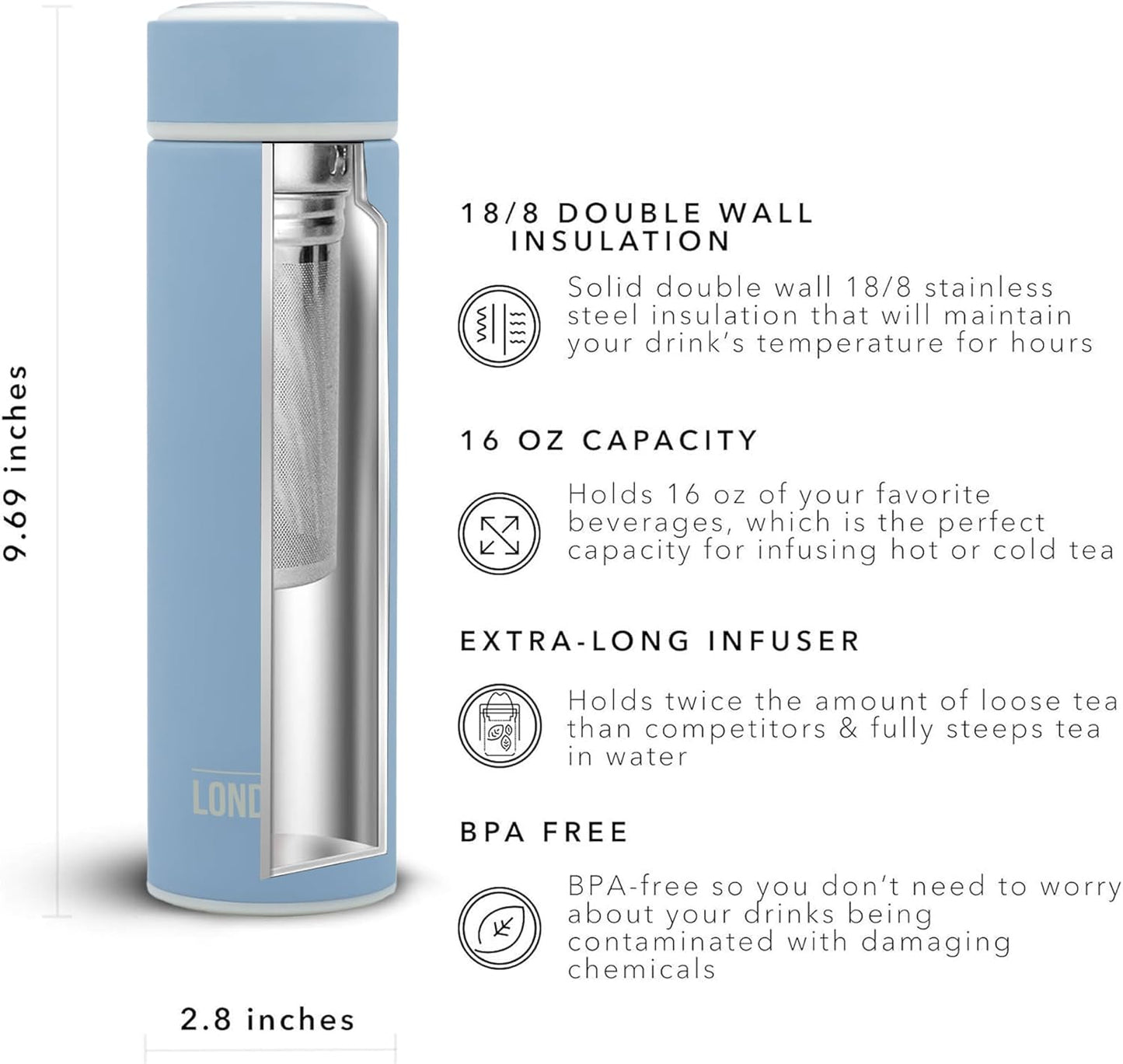 London Sip Multi-Purpose Tea Infuser Travel Mug and Tumbler Fruit Infuser Flask Hot and Cold Double Wall Stainless Steel Thermos with Extra-Long Infuser, Midnight Teal
