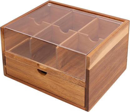 HTB Acacia Wood Tea Bag Organizer Storage Box with 6 Compartments