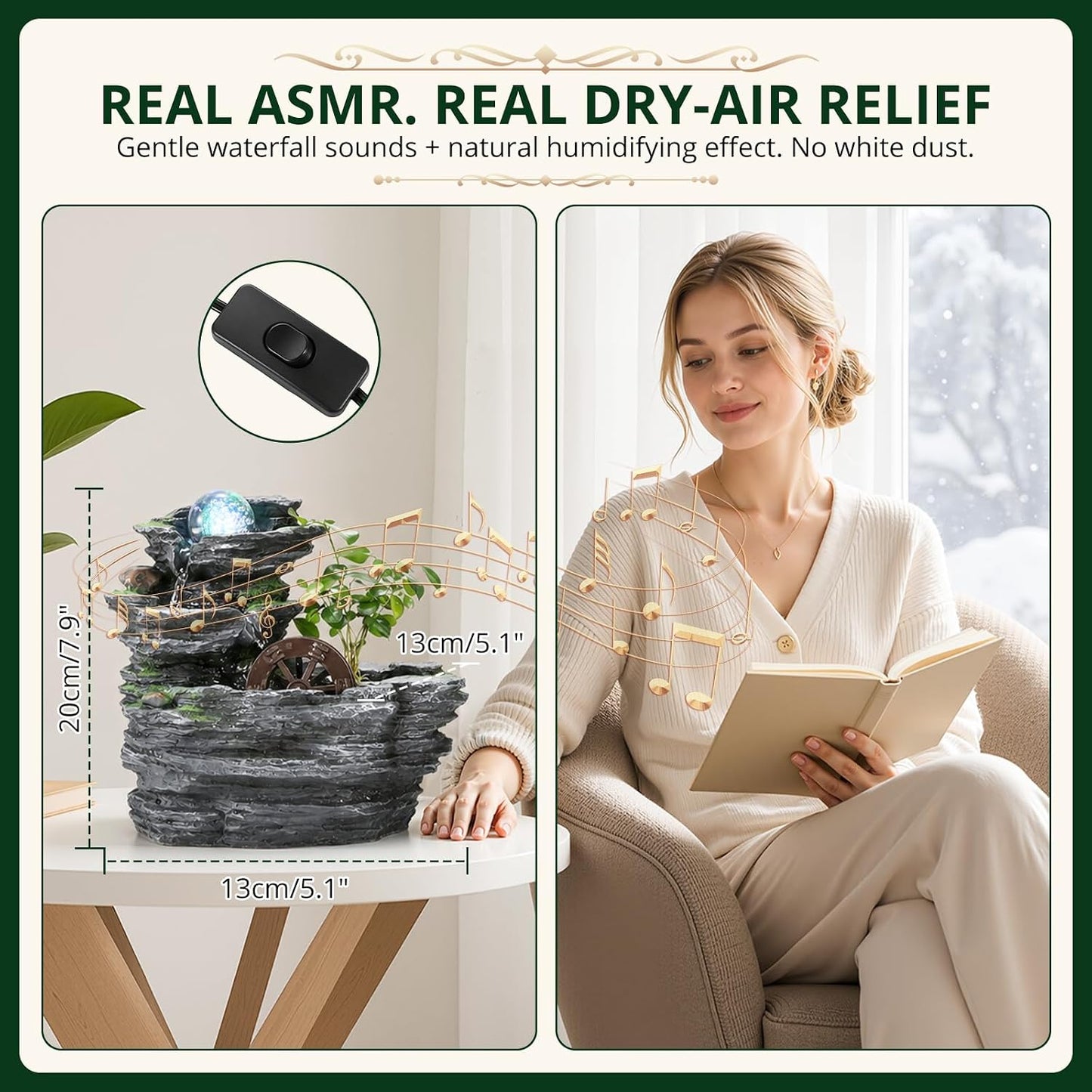 Tabletop Water Fountain, Resin Water Wheel, LED Light,Soothing Sound