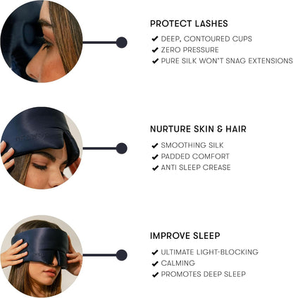DROWSY Eyelash Protecting Silk Sleep Mask for Natural Lashes & Extensions. Deep Eye Cups, Zero Pressure, Total Blackout, Full Wraparound (Moonlight Shadow)