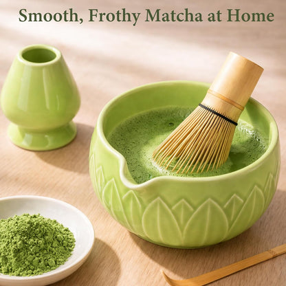 Matcha Whisk Set, Ceramic Matcha Set Includes Bowl & Holder, Bamboo Whisk (Chasen), Scoop, Spoon and Sifter, 6PCS Matcha Kit Covers Everything Needed for Making Matcha (Green)