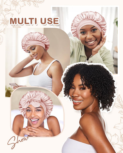 BONNET QUEEN Silk Bonnet for Sleeping for Women Satin Bonnet Night Cap for Curly Hair with Tie Band, Single Layer, Cream Pink