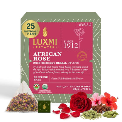 Luxmi Estates African Rose Organic Hibiscus Rose Tea (25 Tea Bags) Caffeine Free Tea Bags For Detox, Cleansing, and Digestion, With Certified Organic Herbal Tea | Direct From Source - Plant Based Biodegradable Tea Bags