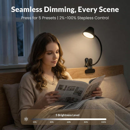 LEPOWER Clip on Light, 7W Reading Lights for Books in Bed with 5 Colors & Stepless Dimming, RG0 Eye-Care, Amber Glow Light & Auto Timer, Strong Clamp with Adapter for Headboard, Bedside, Desk, Black