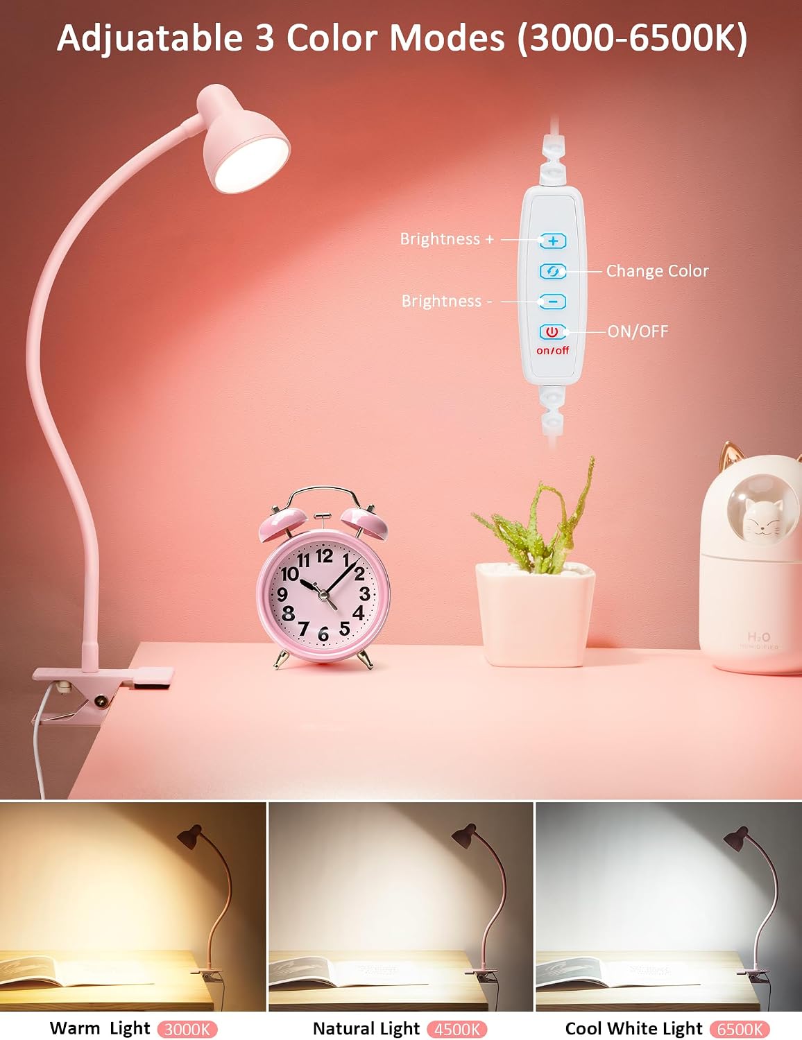 LiFMIRA Clip-on Reading Light - 3 Color Modes, 10 Dimmable Brightness, Eye Care Clamp Desk Lamp with Flexible Gooseneck for Reading in Bed, Desk, Headboard, Computer