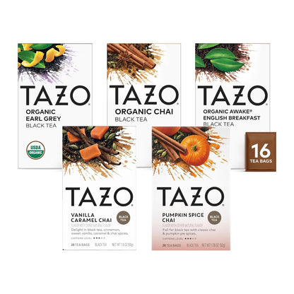 TAZO Organic Black Tea Variety Pack for Daily Wellness and Tea Enjoyment, Earl Grey, Chai, Awake English Breakfast, Vanilla Caramel Chai and Pumpkin Spice Chai (Variety Pack)