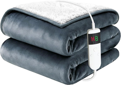 Electric Blanket Heated Throw, Soft Flannel 50"x60" Heating Blanket with 8 Hours Auto Off 10 Fast Heating Levels Machine Washable Sherpa Heated Blanket with Overheating Protection