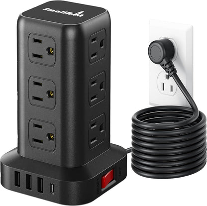 Extension Cord with Multiple Outlets, SMALLRT Power Strip Tower, Outlet Extender with 12 AC Outlets 4 USB, 6.5FT Extension Cord for Home Dorm Room, Office Supplies,Overload Protection