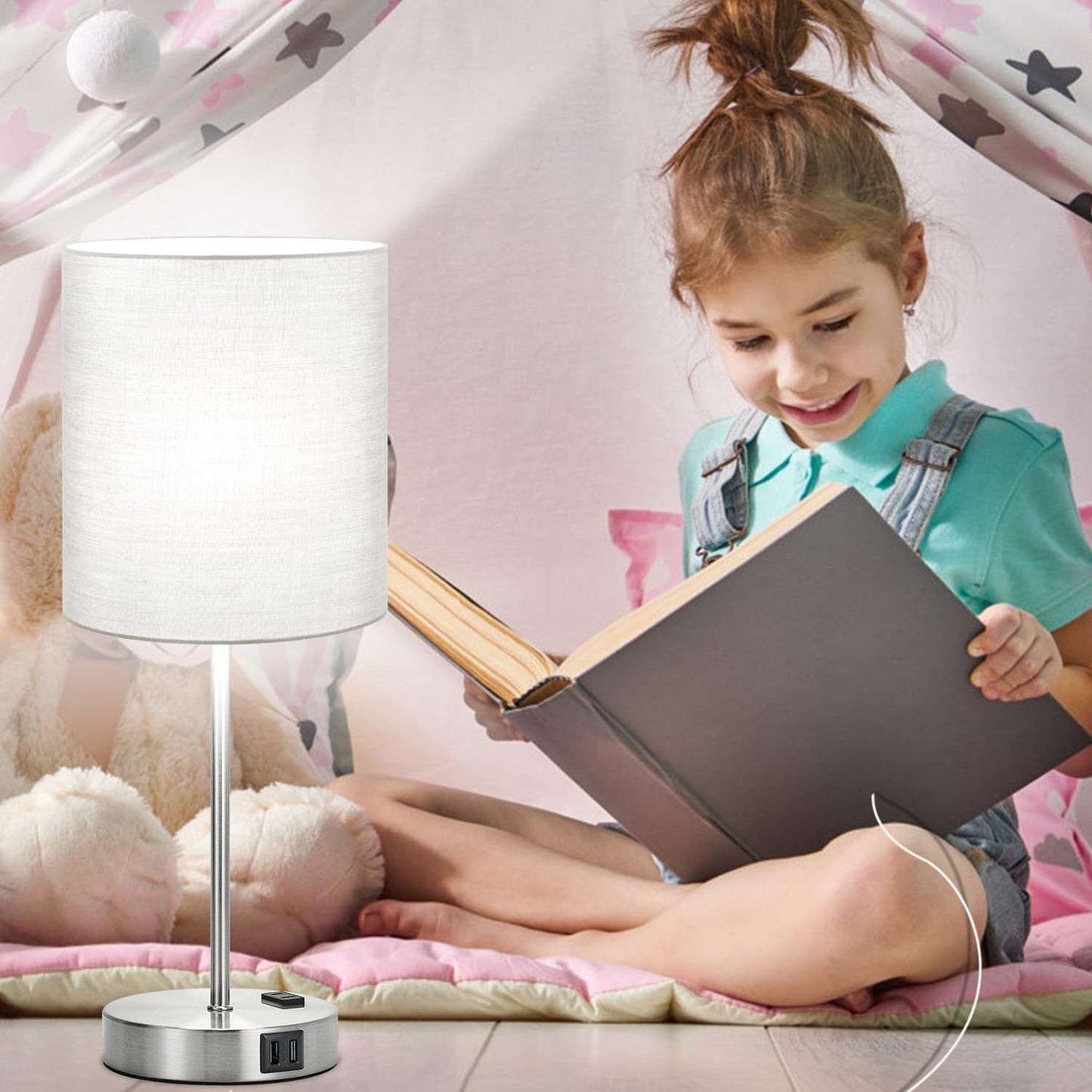 Set of 2 Touch Control Table Lamps with 2 USB & AC Outlet, 3-Way Dimmable Bedside Nightstand Lamps for Bedroom Living Room Nursery, 800 Lumens 5000K Daylight Bulbs Included