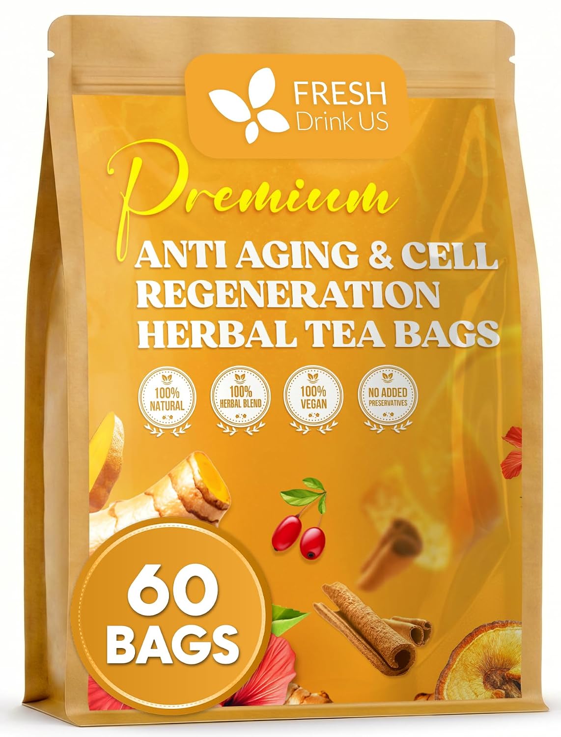 FreshDrinkUS, Premium Harmony Herbal Tea | 60 Tea bags | 100% Natural Turmeric, Hibiscus, Ashwagandha, Goji Berry, Reishi, Cinnamon & Orange Peel – Naturally Aromatic Caffeine-Free Tea