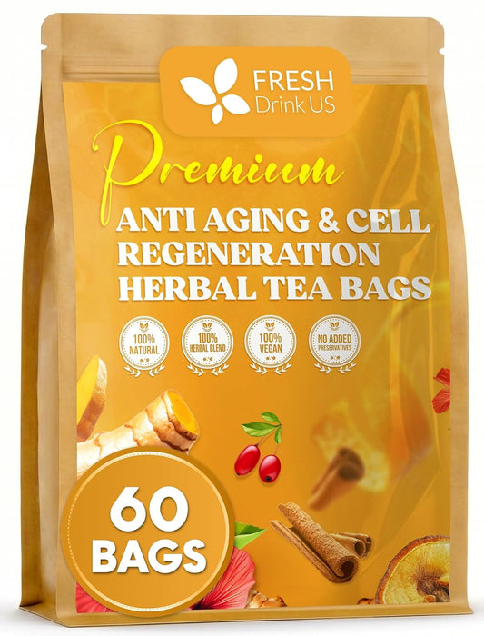 FreshDrinkUS, Premium Harmony Herbal Tea | 60 Tea bags | 100% Natural Turmeric, Hibiscus, Ashwagandha, Goji Berry, Reishi, Cinnamon & Orange Peel – Naturally Aromatic Caffeine-Free Tea