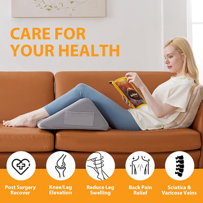 Ruqmuis Knee Pillow for Back Sleeping, 8” Knee Wedge Pillow to Elevate Knee, Leg Pillow for Back Pain Relief, Triangle Pillow, Leg Elevation Pillows for After Surgery, Blood Circulation, White/Grey